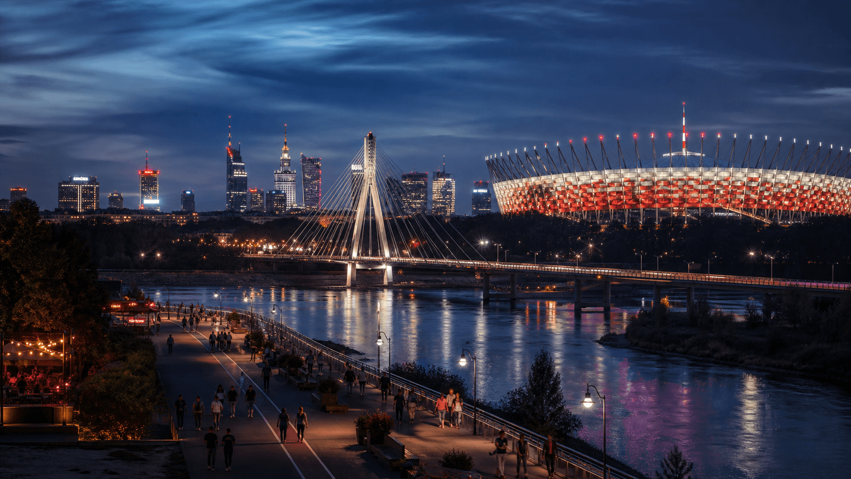 Illustration of Warsaw attractions by the river